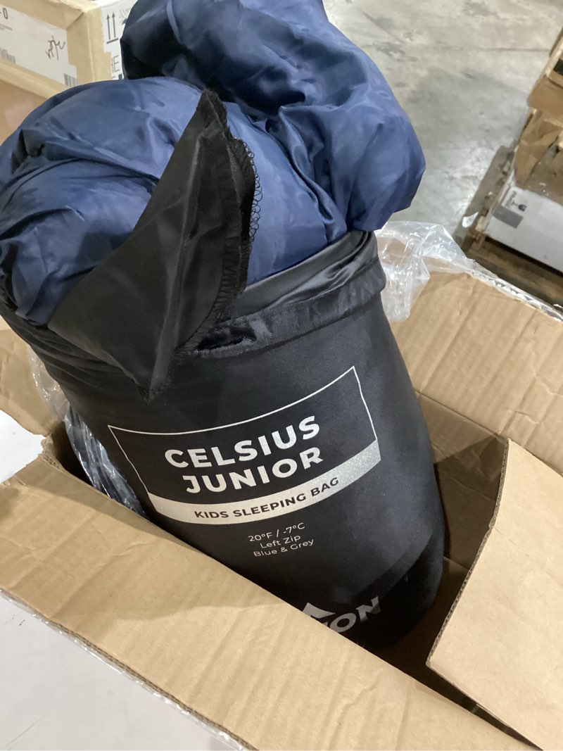 Condition photo showing Good Condition for teton junior, 20 degree and 0 degree sleeping bags. finally, sleeping bag for boys, girls, all kids, warm and comfortable, for all camping weather and built to last blue junior 20f