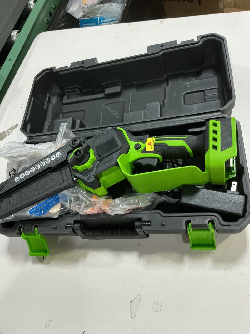 Condition photo showing Good Condition for Mini Chainsaw Cordless, 6 Inch Electric Chainsaw with 2 Battery, Handheld Battery Powered Chain Saw with Auto Oiler, Gardening Tool Saw for Wood/Tree Cutting, Gifts for Dad, Men, Husband for Christmas Green