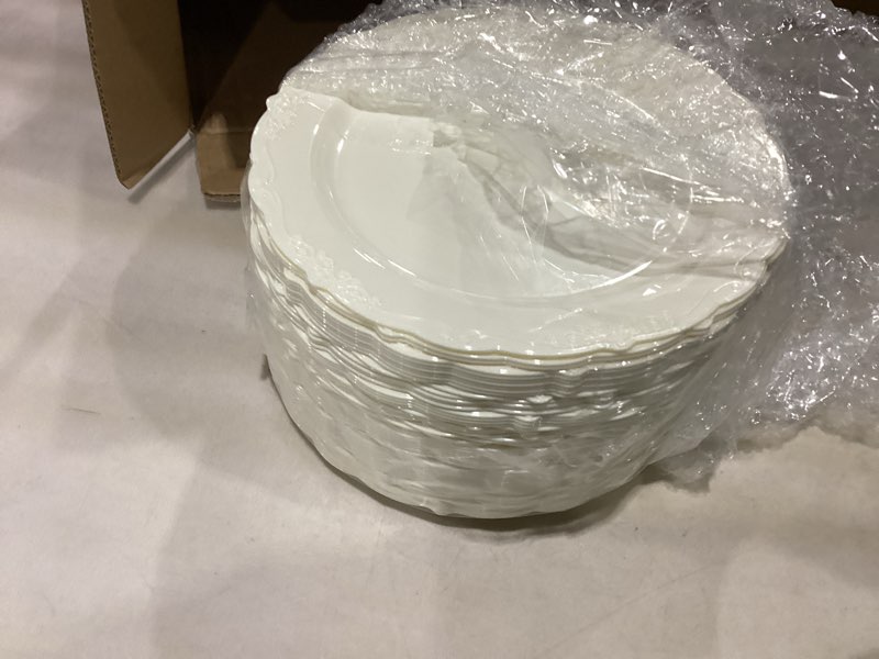 Condition photo showing As Is for dayammi 60pcs ivory plastic plates, party plates disposable heavy duty disposable plates premium 7.5inch ivory dessert cake salad appetizer plate hard plastic platos disposable for party wedding ivory 60pcs dessert