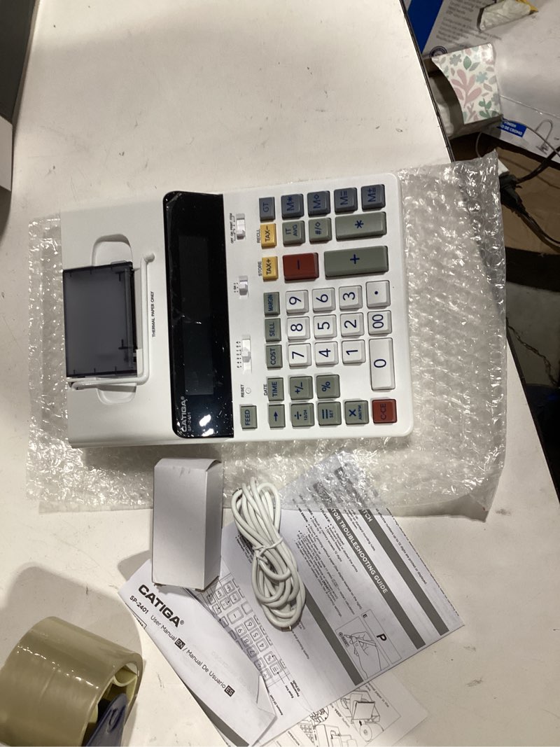 Condition photo showing Good Condition for catiga 12 digit thermal printing calculator with tape print out, ink-free adding machine, 5x faster quite at 8.0 lps, extra large fluorescent display, tax calculation with clock and calendar, sp-2401 thermal white