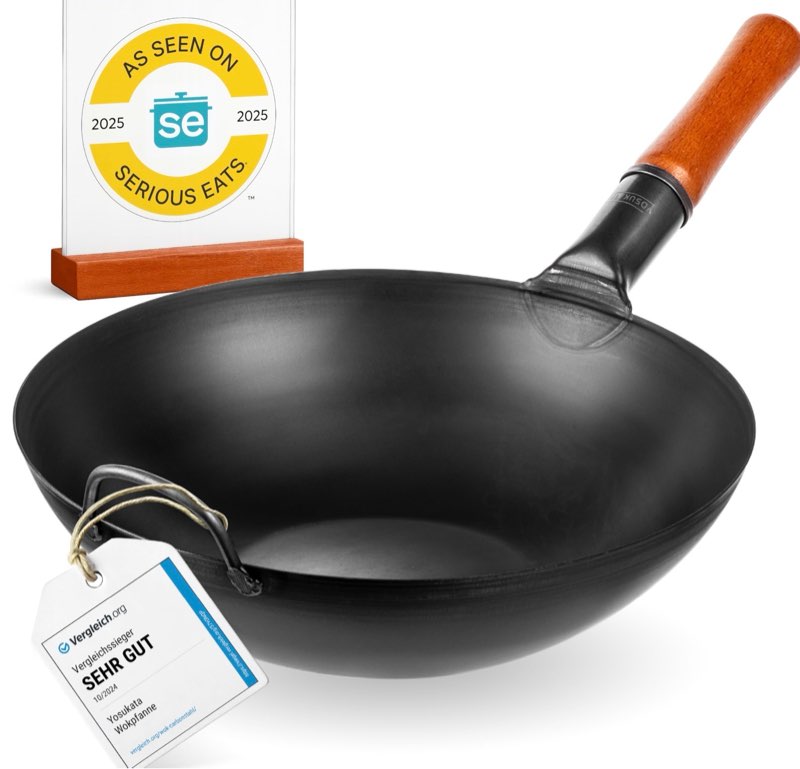 YOSUKATA 13.5" Carbon Steel Wok Pan – Pre-Seasoned Flat Bottom Pow Wok for Stir Fry, BBQ, Grill & Camping – Traditional Japanese Chinese Cookware – Compatible with Induction, Electric, Gas, Open Fire
