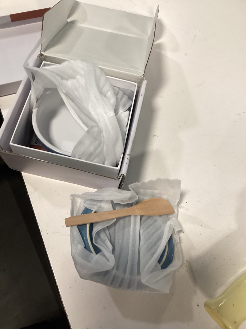 Condition photo showing Good Condition for muldale ceramic camembert baker with lid and wooden spreader - brie baking dish set for entertaining - 5.5" oven safe blue