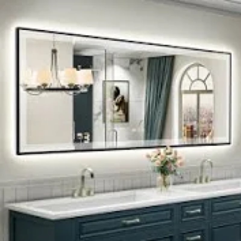 black framed led bathroom mirror with frontlit and backlit, lighted vanity mirror for wall, double lighting 3 colors dimmable, anti-fog, tempered glass shatter-proof (horizontal/vertical)
