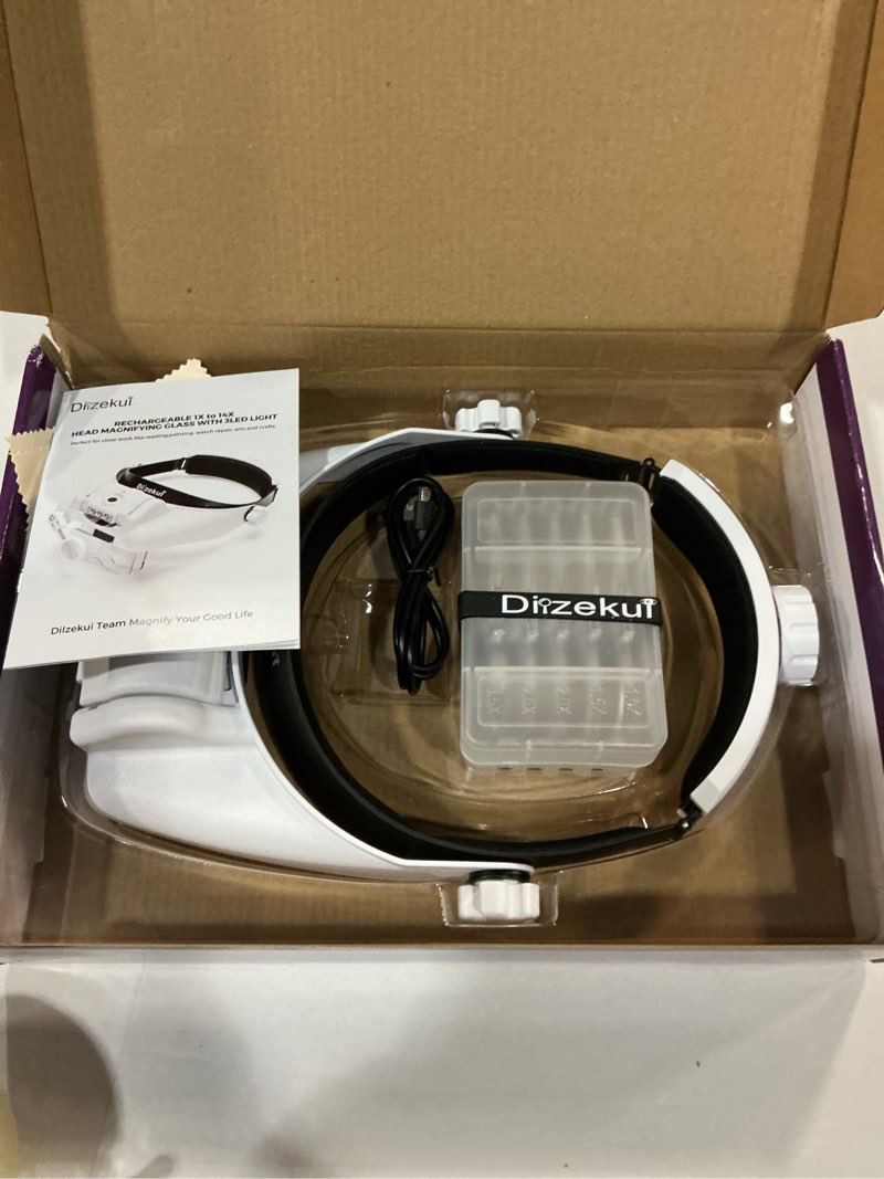 Condition photo showing Good Condition for headband magnifying glass with light, rechargeable head magnifying glasses 1x to 14x, magnifier headset with 6 detachable lens, hands free head mount magnifier for close work jewelry crafts 1x-14x head mount magnifier
