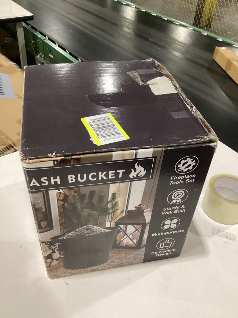Condition photo showing Good Condition for smedley & york black ash bucket with lid, complete fireplace tools set, includes pail, shovel & broom, 2.15 gallon metal coal bucket with accessories, galvanized iron ash-bucket for fire place 2.15 gallon black