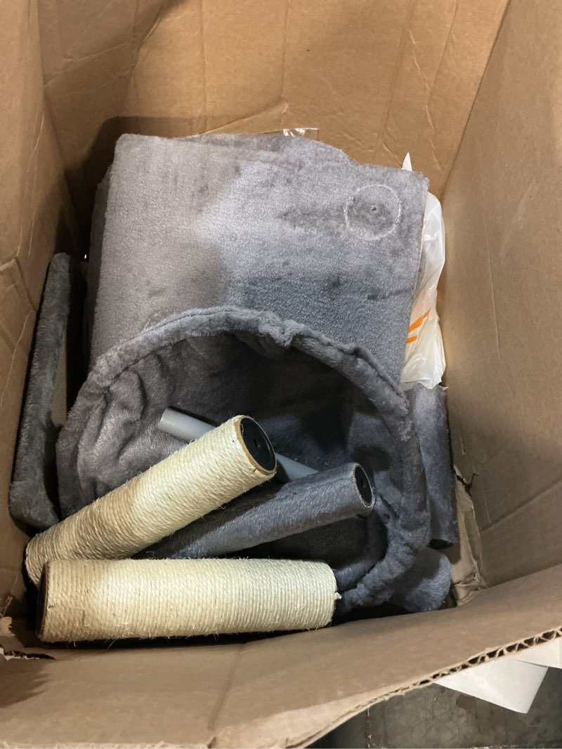 Condition photo showing As Is for xin three layer cat tree with cat condo and two hammocks,grey small grey