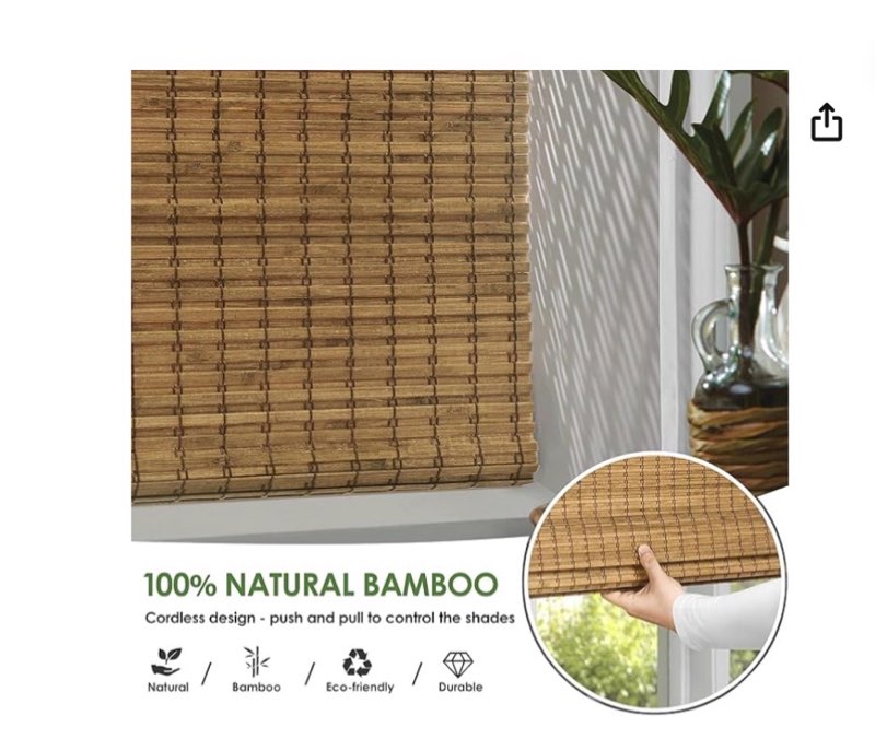 LazBlinds Cordless Bamboo Roman Shades, Privacy Blinds for Interior Windows, Room Darkening Roll Up Bamboo Blinds for Home & Patio, 31.5\" W x 64\" H, Highfield Teak