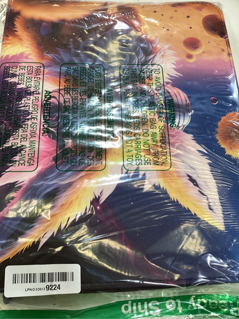 Condition photo showing Good Condition for trading card binder,9 pocket slots for cards, double sided sheet, anti-slip pockets, card binder for collectibles, card holder with zipper, fits standard size cards,creature designed purple and yellow purple & yellow large