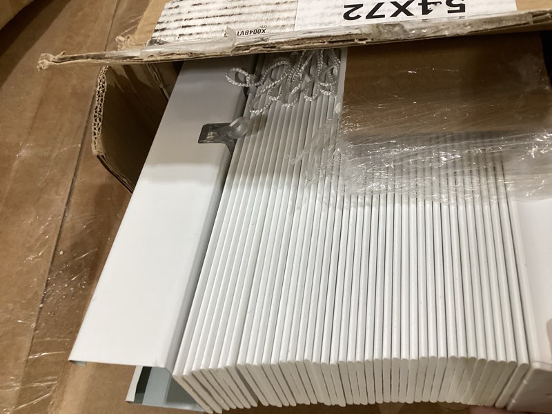 Condition photo showing Good Condition for lotus & windoware 2" embossed faux wood blind, 54" x 72", bright white | 2-inch embossed faux wood blind, 54" x 72", bright white, cordless light control, inside/outside mount, living room, bedroom bright white 54"w x 72"h
