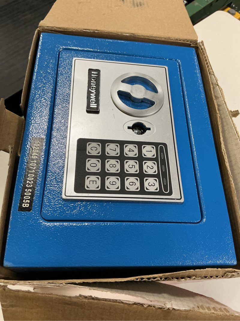 Condition photo showing As Is for Honeywell Safes  0.17 Cu ft  Small Steel Security Safe with Electronic Lock  5005B Blue