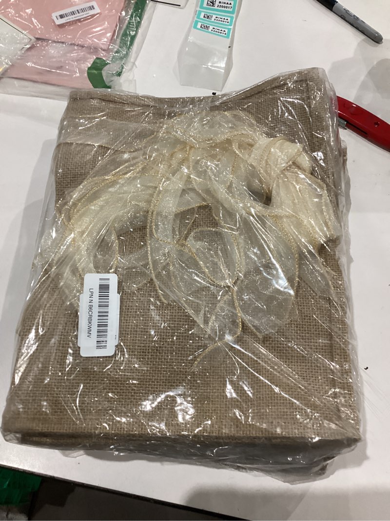 Condition photo showing As Is for 10pcs Burlap Tote Bag Set with Handles, Reusable Grocery Bags with Ribbon 13 x 9.5 x 4.7 Inch Waterproof Natural Jute Tote for Women Bridesmaid Gift Beach Shopping Wedding Travel DIY Embroidery 13 x 9.9 x 4.7 inch Nature