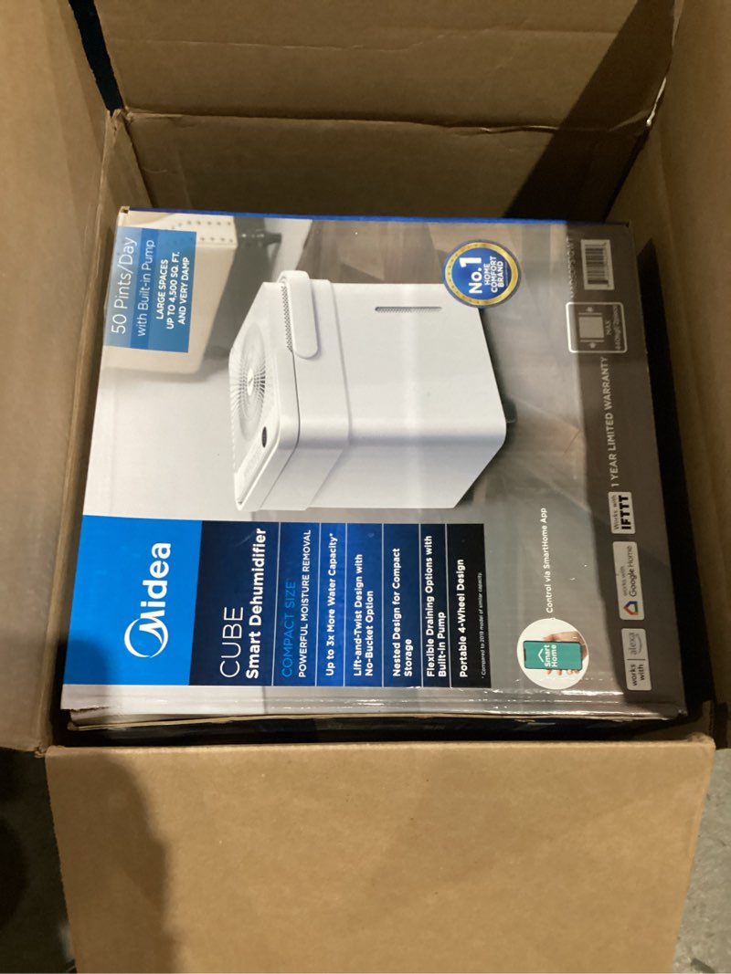 Condition photo showing As Is for midea cube 50 pint dehumidifier for basement and rooms at home for up to 4,500 sq. ft., built-in pump, drain hose included, smart control, works with alexa (white), energy star most efficient 2022 4,500 sq. ft. with pump