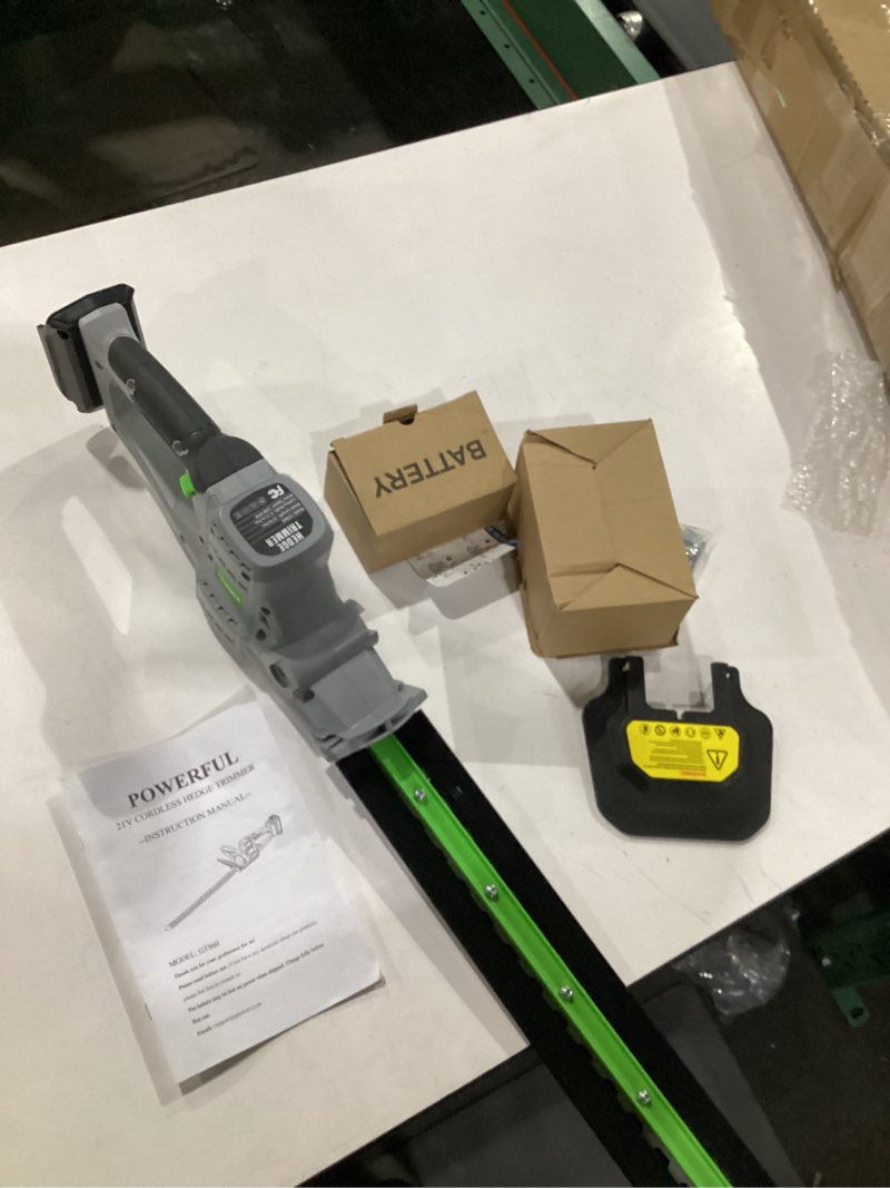 Condition photo showing Good Condition for hedge trimmer cordless 22" - 21v powerful electric hedge trimmer with 2 x 2.0ah batteries and fast charger, easy to use, 3200rpm lightweight battery powered bush trimmers for garden, yard care, gt860 green