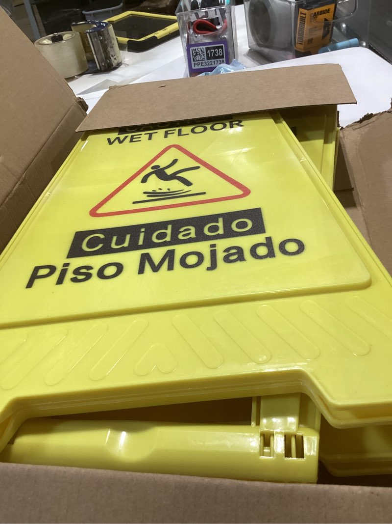Condition photo showing Good Condition for 4-pack caution wet floor sign,17.5" height,bright yellow double-sided folding a-shaped frame design, bilingual caution message 4pack yellow