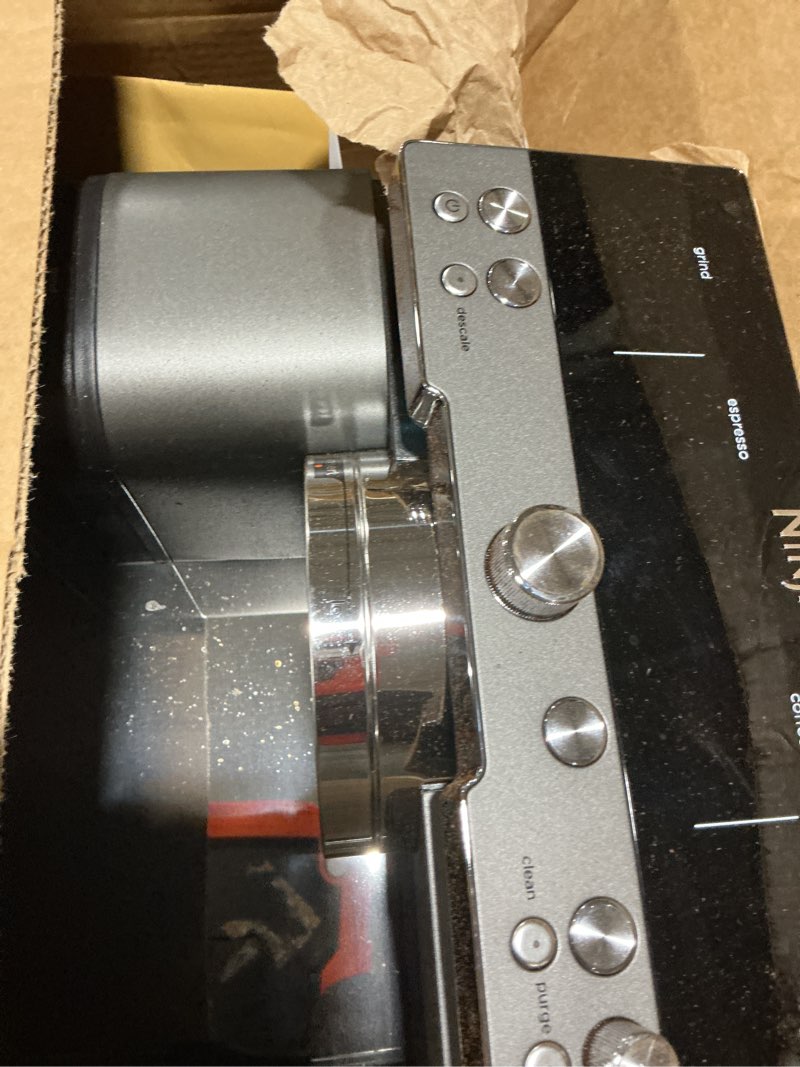 Condition photo showing As Is for Ninja Luxe Cafe Premier Series, Espresso Machine, Drip Coffee, Rapid Cold Brew, Integrated Grinder, Hands-Free Frother, with Knock Box, Water Filter, Cleaning Tablets, Descaler, ES601GM Luxe Cafe Gunmetal