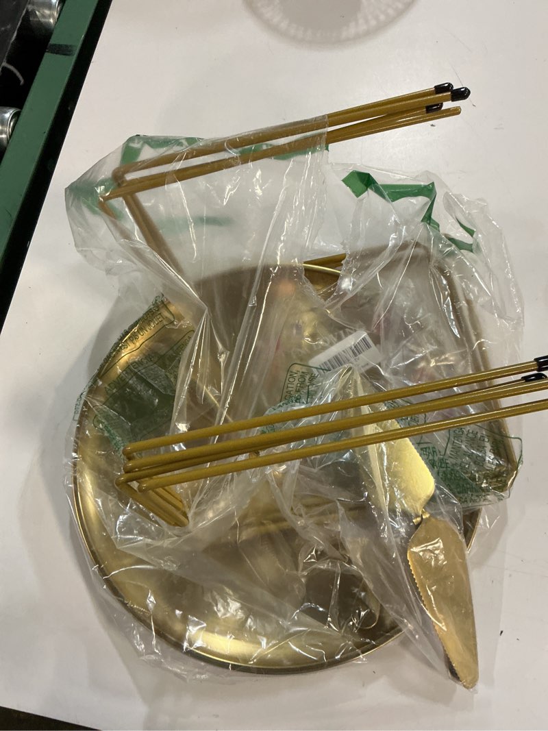 Condition photo showing As Is for gretjob 12 pcs pizza pan riser stand set, 4 metal pizza table stands + 4 nonstick pizza pans + 4 pie servers, gold pizza rack & tray for baking, dessert, cheese, party, and restaurant use (gold) gold 4pcs