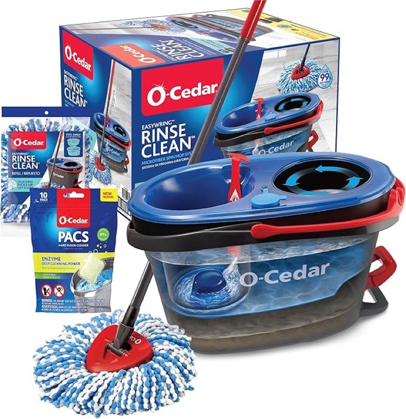 o-cedar easywring rinseclean microfiber spin mop & bucket floor cleaning system with 1 extra refill with citrus pac (variety pack)