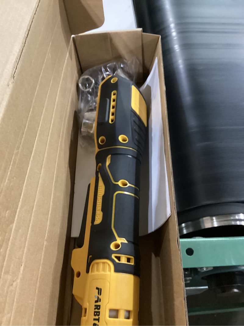 Condition photo showing As Is for 3/8 inch cordless ratchet wrench compatible with dewalt 20v max battery, 74ft-lbs (100n.m) high torque, brushless motor, 0-400rpm variable speed, 8 sockets, 3/8" to 1/2" adapter, 3" extension bar 3/8" ratchet