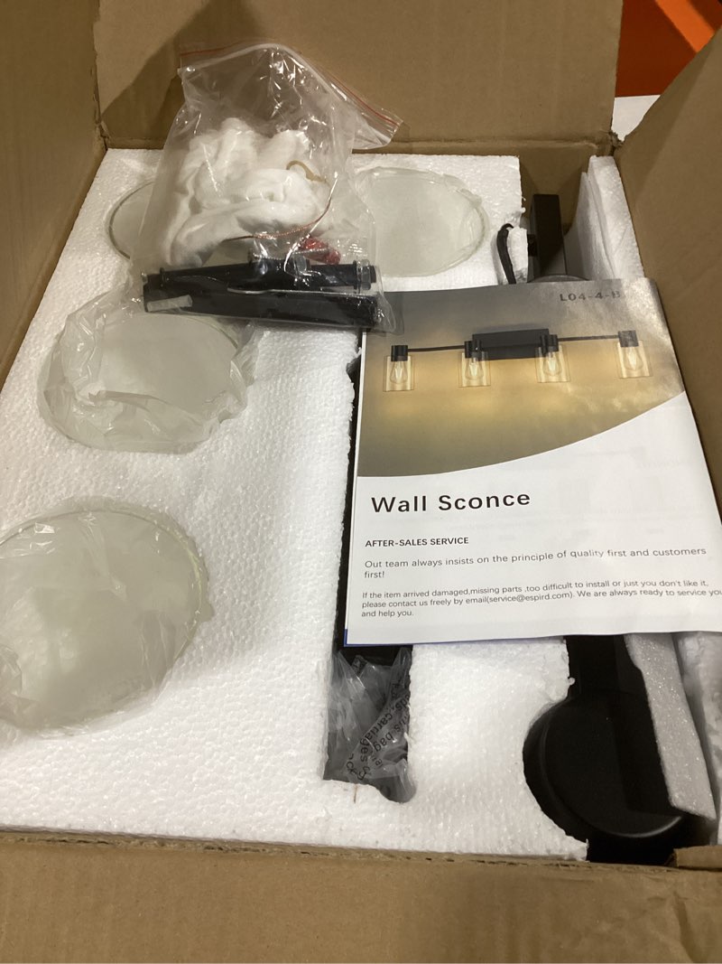 Condition photo showing New/Like New for 4-light modern vanity light fixtures over mirror, matte black bathroom light fixtures, vanity lights, wall sconce with clear glass shade for bathroom, e26 base matte black 4-light