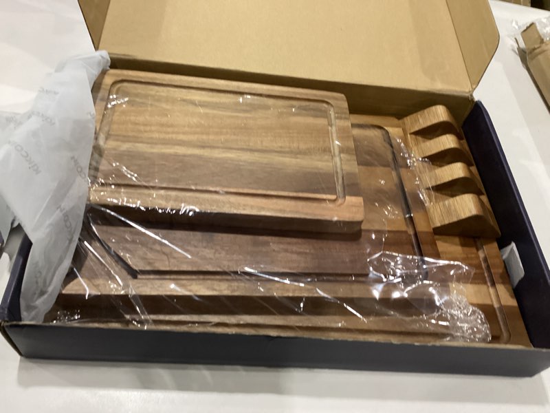 Condition photo showing New/Like New for kikcoin wood cutting boards for kitchen, 3 pcs wooden cutting board set with holder, chopping board with built-in compartments and juice groove, solid charcuterie board serving tray wood butcher block 3-piece set