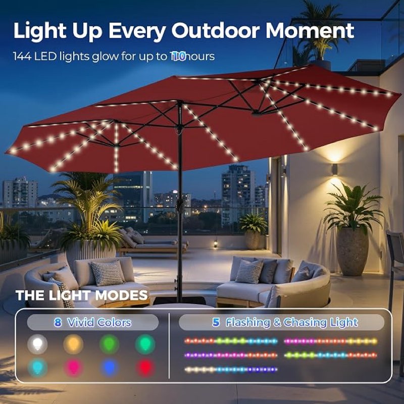 superjare 15ft large patio umbrella with base included, outdoor double-sided umbrella with solar lights, pool umbrella with discoloration-resistant awning for terrace