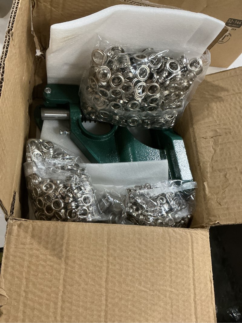 Condition photo showing New/Like New for qwork heavy duty hand press eyelet grommet machine punch tool kit – 3 size dies (#0#2#4) & 1500 pcs silver grommets for banner, canvas & leather work