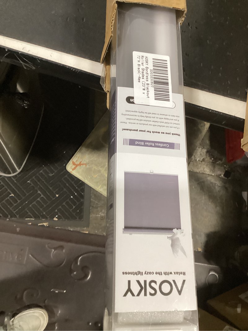 Condition photo showing New/Like New for aosky cordless roller shades blackout blinds for windows room darkening rolled up shades with spring system, uv protection window shades door blinds for home and office (23" w x 72" h, black) 23"w x 72"h black