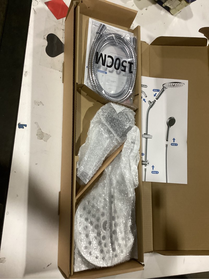 Condition photo showing New/Like New for MakeFit Drill-free Dual Shower Head with Handheld Combo Rainfall Shower Head Easy Reach 3-way Diverter Stainless Steel Slide Bar with Height Adjustable Holder Adjustable Rain Showerhead (Chrome)