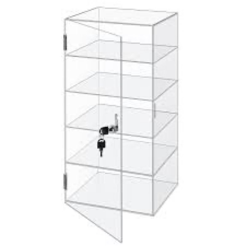 5 shelf acrylic display case with lock?clear acrylic box ?retail display case for collectibles?used 