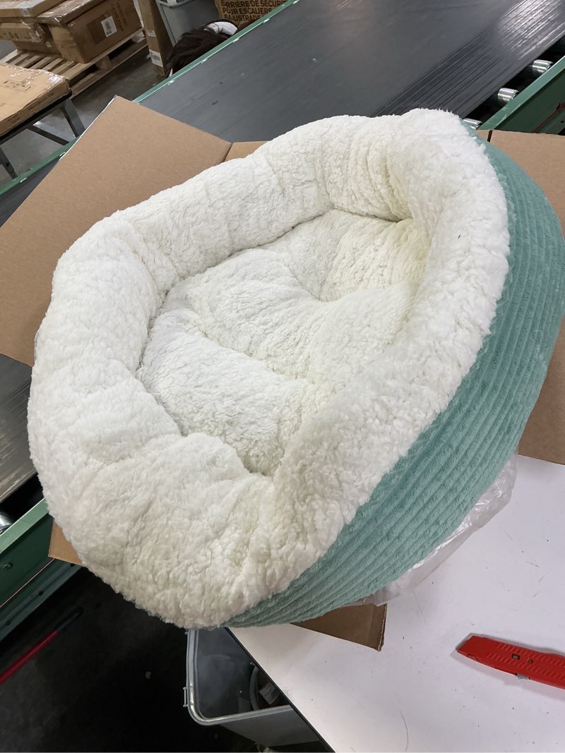 Condition photo showing Good Condition for Love's cabin Round Donut Cat and Dog Cushion Bed, 25in Pet Bed for Small or Medium Dogs, Anti-Slip & Water-Resistant Bottom, Soft Durable Fabric Pet Beds, Washable Calming Cat Bed Apple Green Stripe 25.0"L x 25.0"W x 7.0"Th Apple Green Stripe