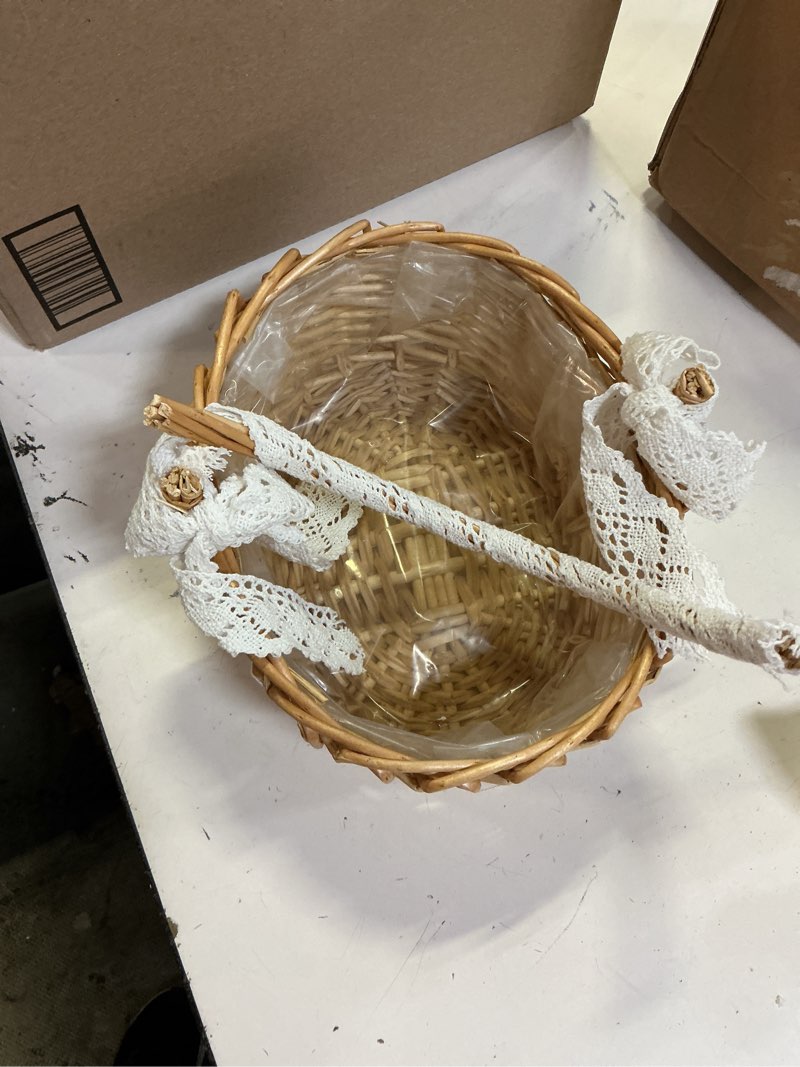 Condition photo showing As Is for joebo rattan wicker flower basket woven flower girl basket with handles and lace bow decorative picnic serving basket seagrass storage basket
