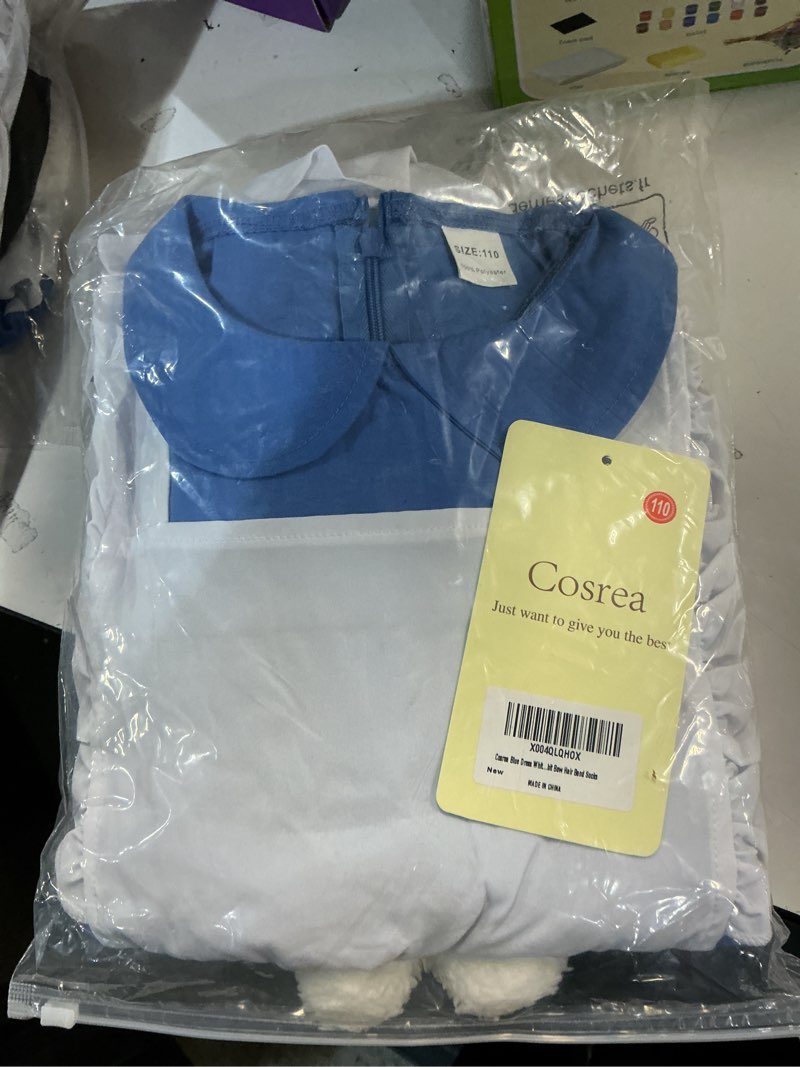 Condition photo showing New/Like New for Girls Halloween Costume Kids Blue Dress White Apron with Plush Rabbit Bow Hair Band Socks 3-4year Blue size 110