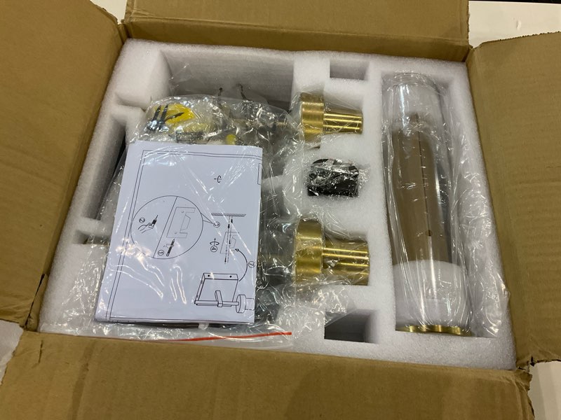 Condition photo showing New/Like New for Gold Battery Operated Wall Sconce Set of 2, USB Rechargeable Wall Light with Remote Control, Brass Wireless Vanity Light Fixture with Bulbs(DC 5V), Glass Dimmable Sconce for Living Room Mirror Bedroom 15.94in wireless Gold+Clear