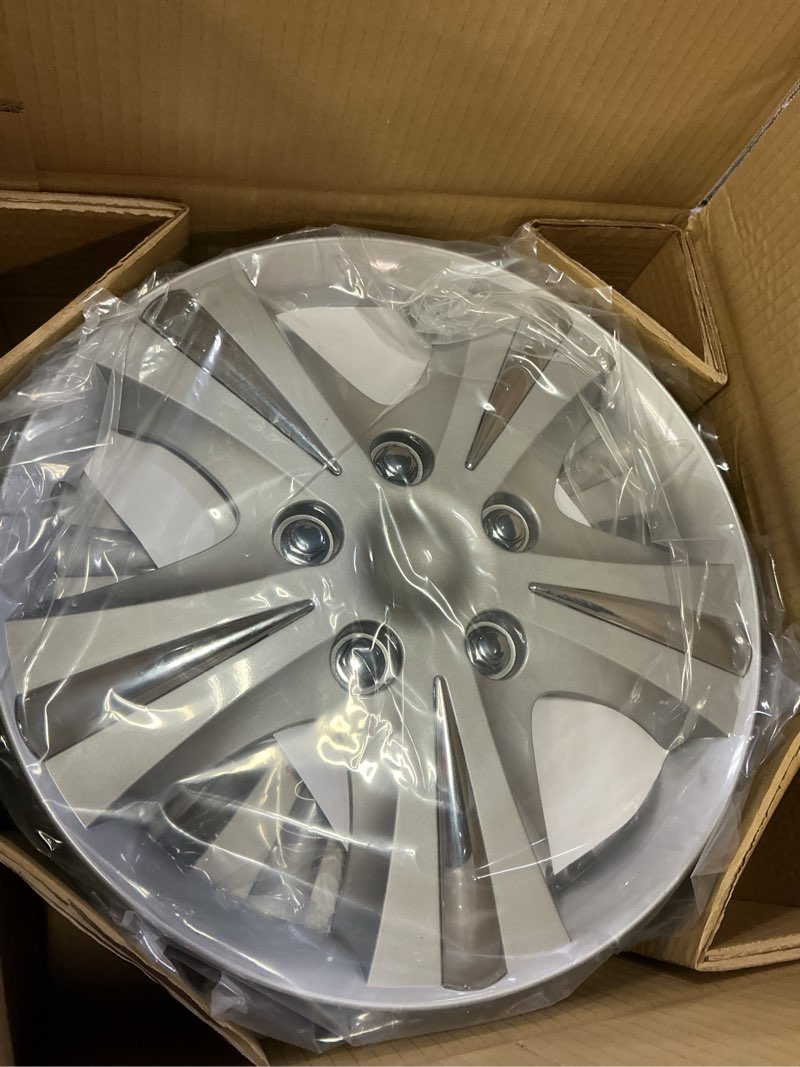 Condition photo showing New/Like New for custom accessories 4-pack 15" sgt-5 wheel covers, replacement hubcaps for cars, trucks, suvs — silver/chrome 15" wheel cover