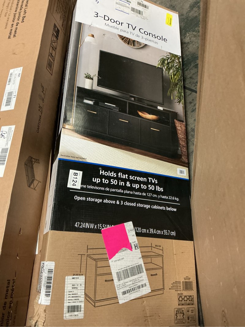 Condition photo showing New/Like New for mainstays 3-door tv stand console for tvs up to 50", blackwood finish