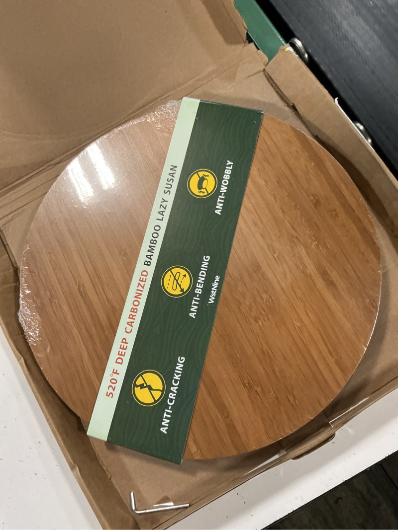 Condition photo showing New/Like New for 14'' bamboo wood lazy susan organizer, lazy susans for table top, deep carbonized rotating tray, sturdy spinning base, non slip, spice rack organzier, turntable for kitchen cabinet, countertop, pantry 14" bamboo wood