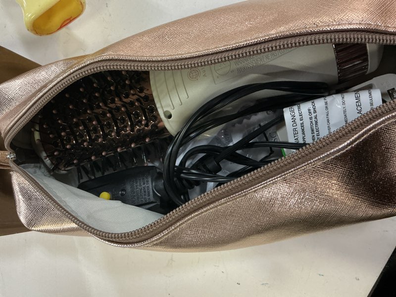 Condition photo showing Good Condition for travel blow dryer brush in one, dual voltage 120v-240v mini hot air brush, hair trends nano titanium 2 inch one step hair dryer and styler volumizer oval shape 50 mm white & rose gold