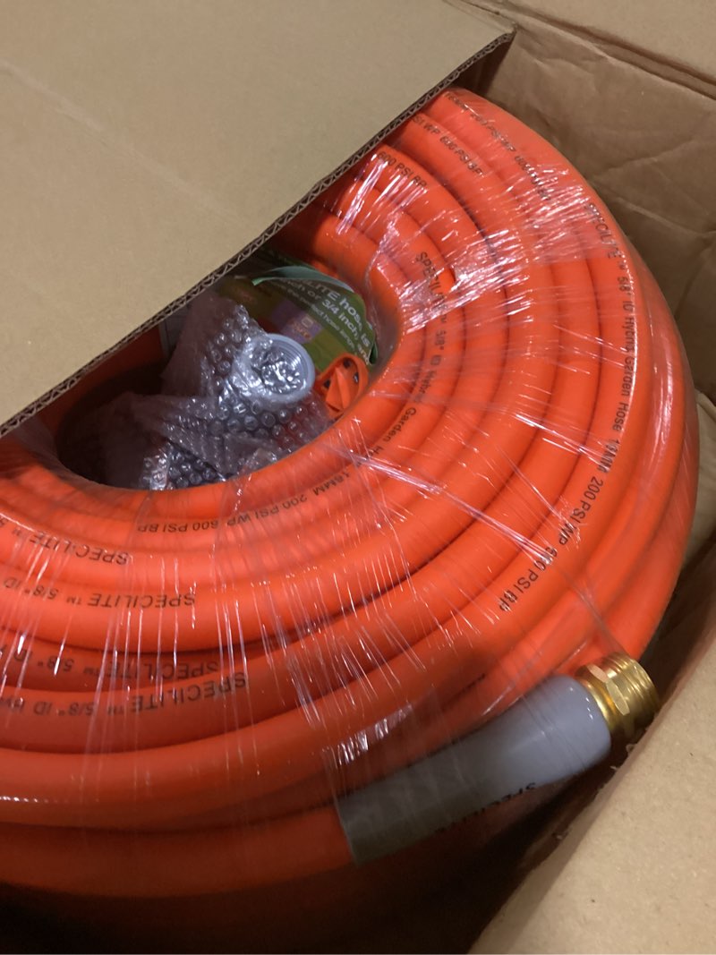 Condition photo showing As Is for specilite garden water hose 200 ft x 5/8 in heavy duty, flexible and lightweight, burst 600 psi, kink-less hybrid rubber pipe for backyard, 3/4'' brass fittings, orange 5/8" orange 200ft