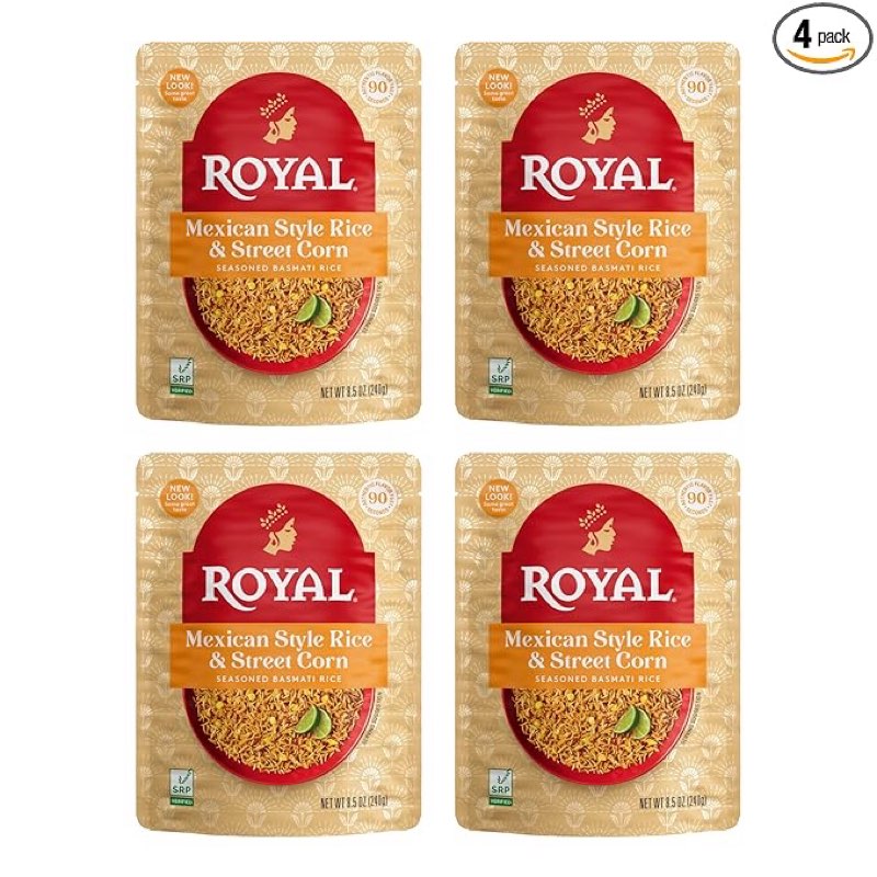 Best by 11/04/2025 Royal Mexican Street Corn Basmati Rice - Ready to Heat Basmati Rice - (4 Pack) 8.5 oz Microwaveable Pouch
