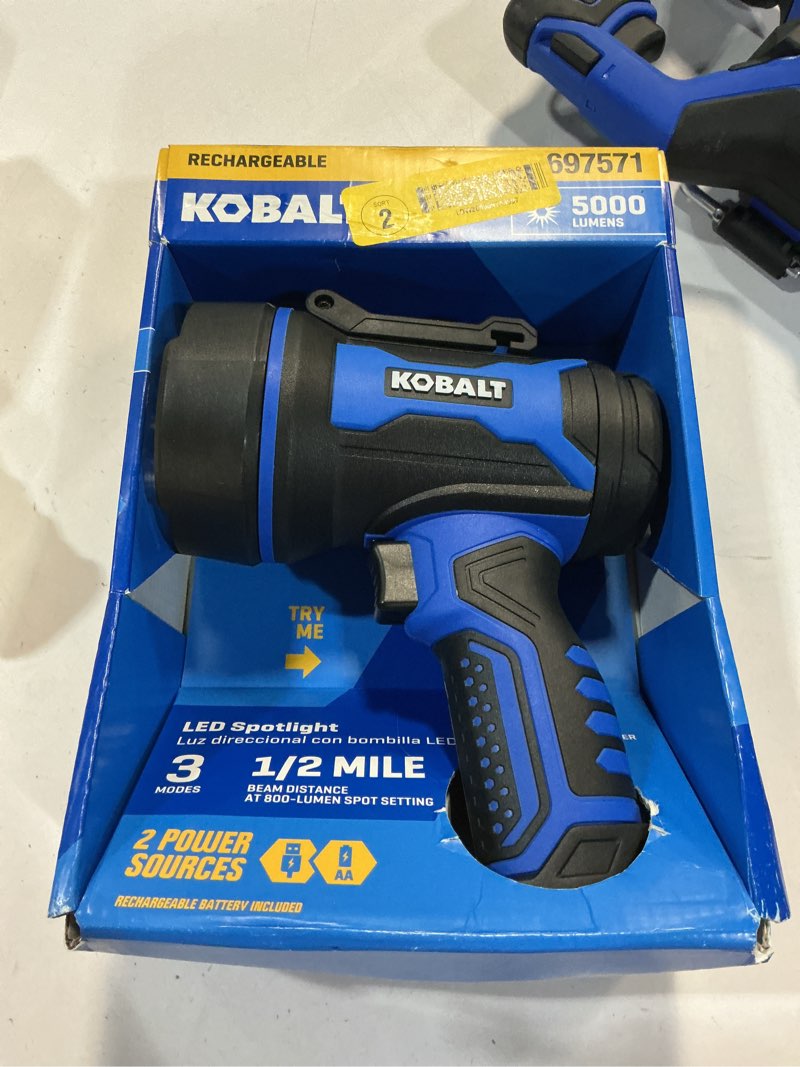 Condition photo showing As Is for 100+ bought last week Kobalt 5000-Lumen 3 -Adjustable Mode LED Rechargeable Spotlight Flashlight