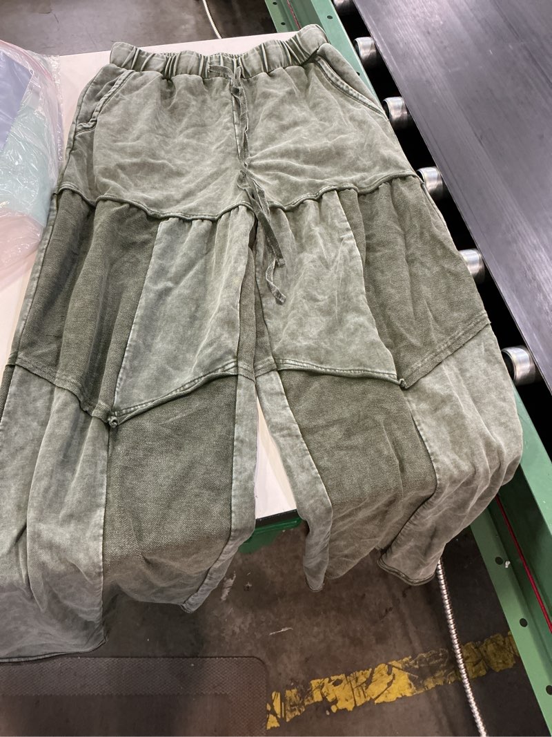 Condition photo showing As Is for selink casual pants for women mineral wash lace-up elastic high waist raw hem patched pocket solid daily trousers small green
