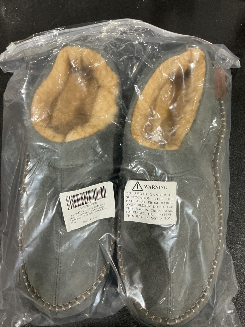 Condition photo showing New/Like New for Men’s Slip-On Moccasin Slippers, Warm Winter Microsuede House Shoes with Memory Foam, Indoor and Outdoor Loafer Style 13-14 Grey