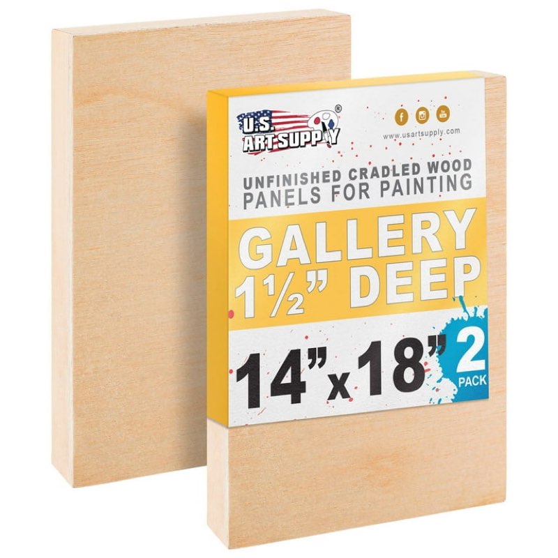 u.s. art supply unfinished cradled wood panels for painting, 2 pack of 14x18 inch - gallery birch wooden canvas boards 1-1/2" deep - mixed-media craft, acrylic, oil, encaustic, paint pouring