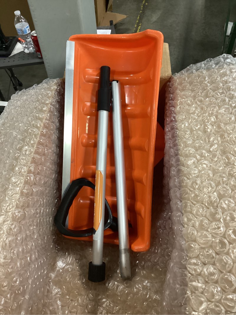 Condition photo showing New/Like New for Snow Pusher, 24-inch Wide Snow Shovel for Driveway, Snow Removal Tool for Car Garage, Sidewalks and Doorways, Snow Pusher Shovel with Ergonomic Grip and Aluminum Strip, Orange