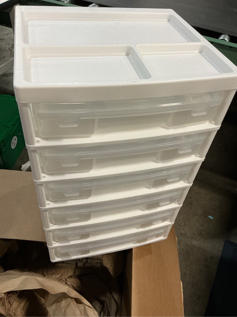 Condition photo showing Good Condition for IRIS USA Fits 12" x 12" Paper, 6-Tier Scrapbook Rolling Storage Cart with Organizer for Stationery Vinyl Tools Office Art and Craft Supplies, Yarn, 6 Clear Cases w/Built in Handle - White/Clear White 6 Cases (12"x12")