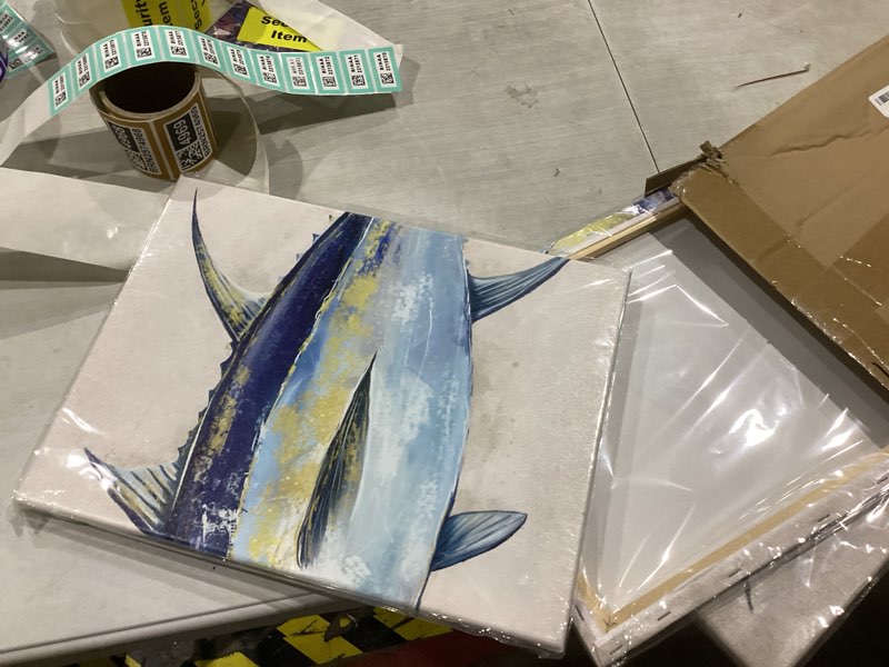 Condition photo showing New/Like New for KREATIVE ARTS Yellowfin Tuna Wall Art 3-Piece Fish Canvas Print Navy Blue and White Nautical Pictures for Kitchen, Dining Room, or Coastal Home Décor, 12x16 Each, Ready to Hang