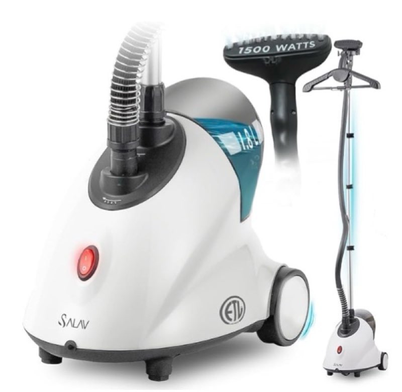 SALAV GS18 Full-Size Clothes Steamer - 1500W Power, 1.8L Water Tank, 60-Min Garment Steam, Iron Clothing, Adjustable Pole & Wheels for Easy Storage, Professional Standing Steamer for Clothes, White