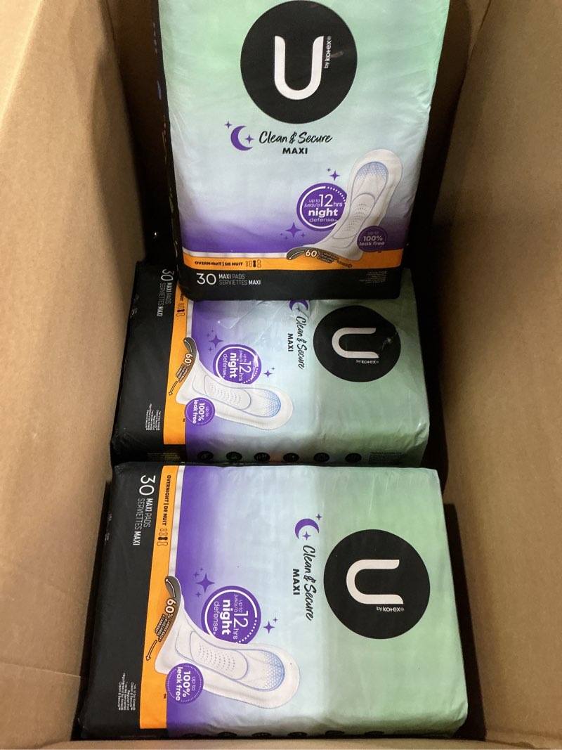 Condition photo showing New/Like New for U by Kotex Clean & Secure Overnight Maxi Pads with Wings, 90 Count (3 Packs of 30) (Packaging May Vary) Overnight Absorbency 90