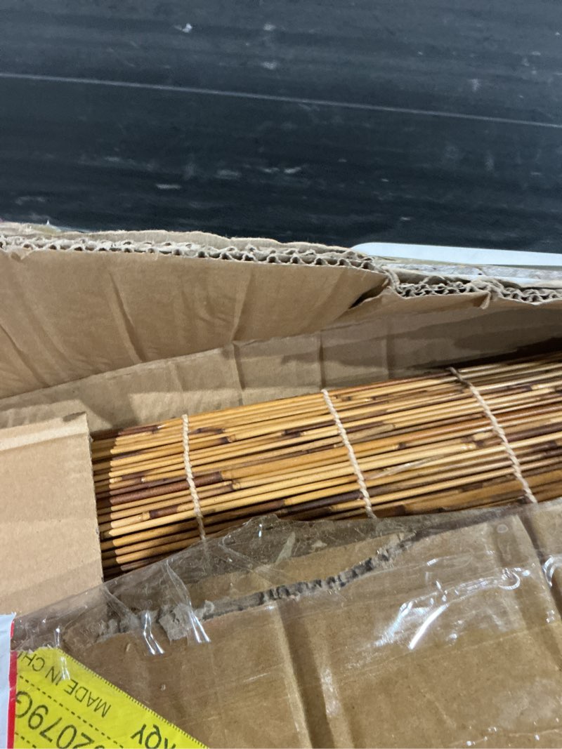 Condition photo showing As Is for doublefill 2 pcs bamboo shades outdoor reed roll up blinds 48" w x 72" h blackout sunshade cordless bamboo blinds for home porch, patio & windows decor shutters sunlight privacy screen(carbon brown) 2 carbon brown 48" w x 72" h