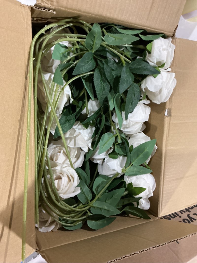 Condition photo showing Good Condition for 50 pcs ivory roses artificial flowers, fake roses with stem realistic silk roses for diy wedding bouquets tables centerpieces arrangements baby shower birthday home decor valentine's day gift for her